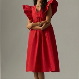 NWT Maeve by Anthropologie Red Kirra Flutter Sleeve Midi Dress Size L
